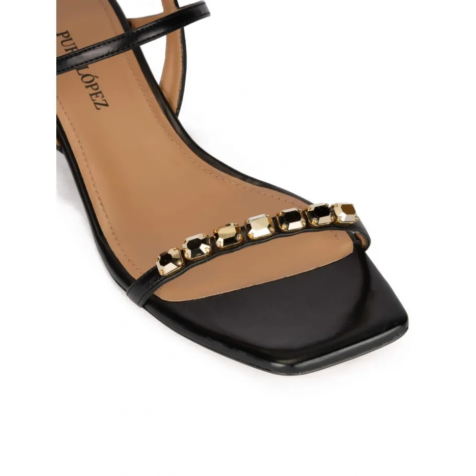 Coquina Sandales à talons moyens en cuir noir avec des cristaux