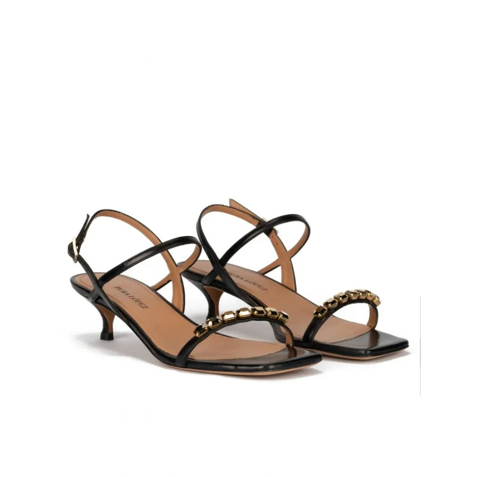 Coquina Sandales à talons moyens en cuir noir avec des cristaux