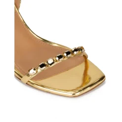 Evangelique Sandales à talons moyens en cuir doré à cristaux
