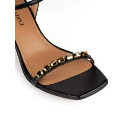 Evangelique Sandales à talons moyens en cuir noir avec cristaux