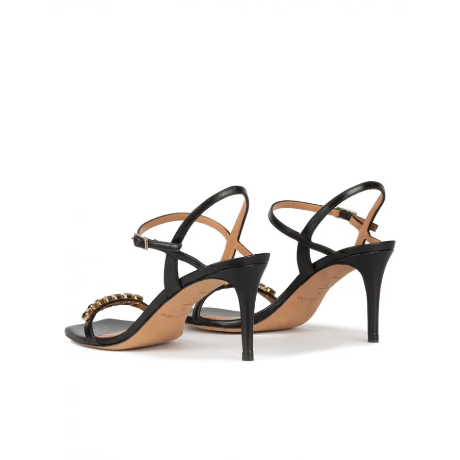Evangelique Sandales à talons moyens en cuir noir avec cristaux