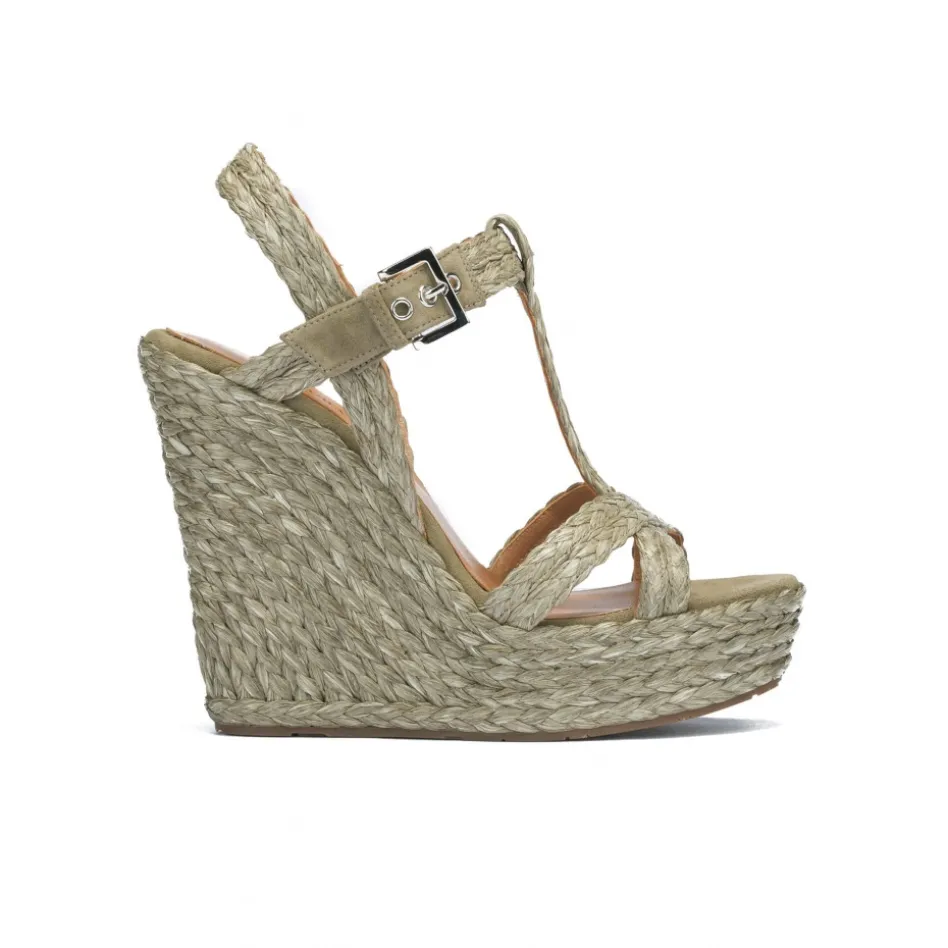 Filipa Espadrilles compensées en raphia tressé vert kaki