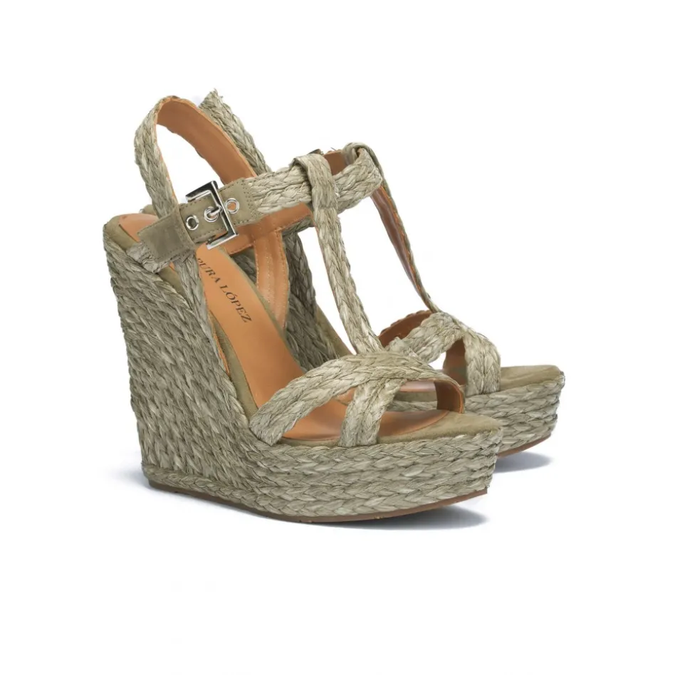 Filipa Espadrilles compensées en raphia tressé vert kaki