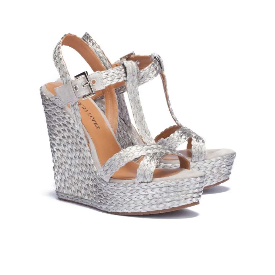 Filipa Espadrilles compensées en raphia tressé argent
