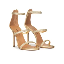 Laquisha Sandales à talons hauts en cuir doré et toile pailletée