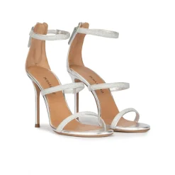 Laquisha Sandales à talons hauts en cuir argenté et toile pailletée