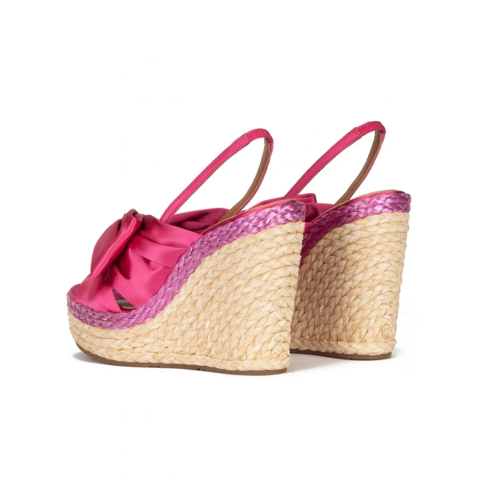 Miquela Sandales compensées en satin fuchsia et en raphia naturel