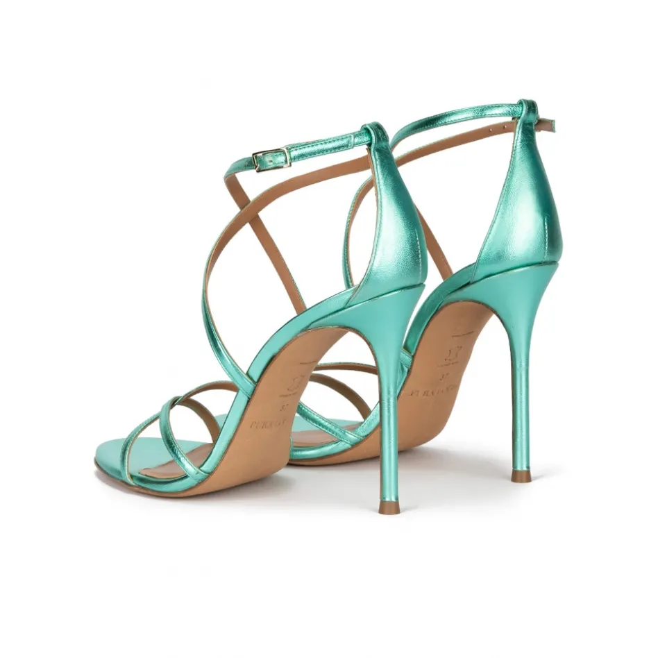 Oria Sandales à talons hauts en cuir métallisé vert d'eau