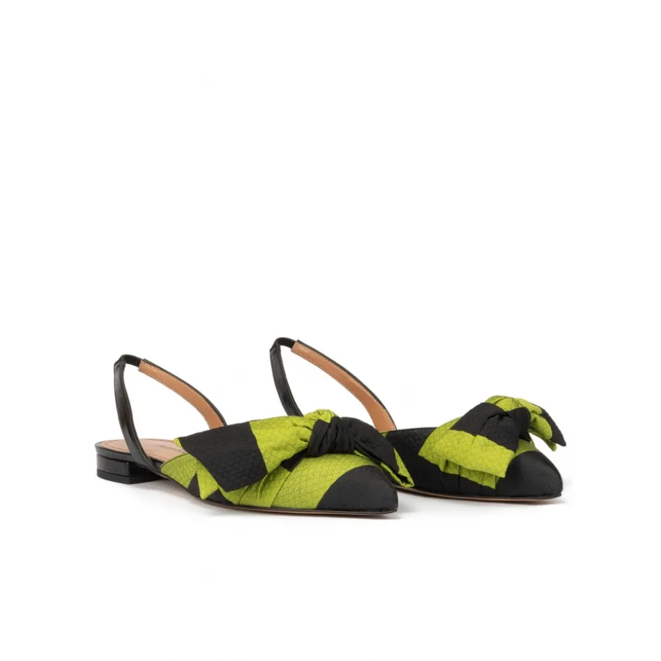 Quinette Chaussures plates à brides et à bouts pointus en tissu noir et vert