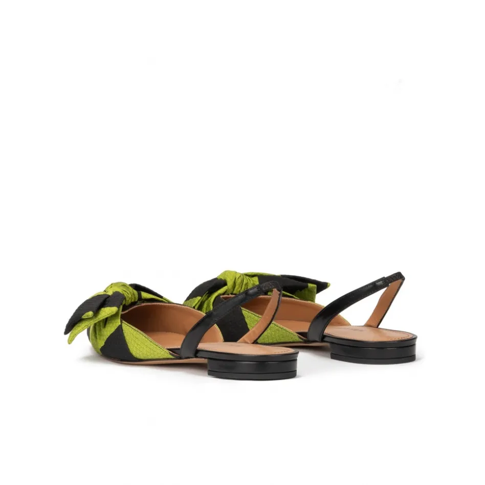 Quinette Chaussures plates à brides et à bouts pointus en tissu noir et vert