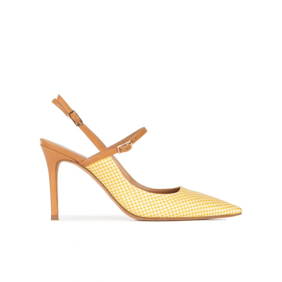 Unique Escarpins à talons hauts en tissu à carreaux jaune et blanc