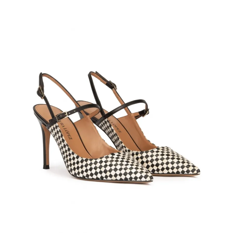 Unique Escarpins à talons hauts en raphia noir et blanc